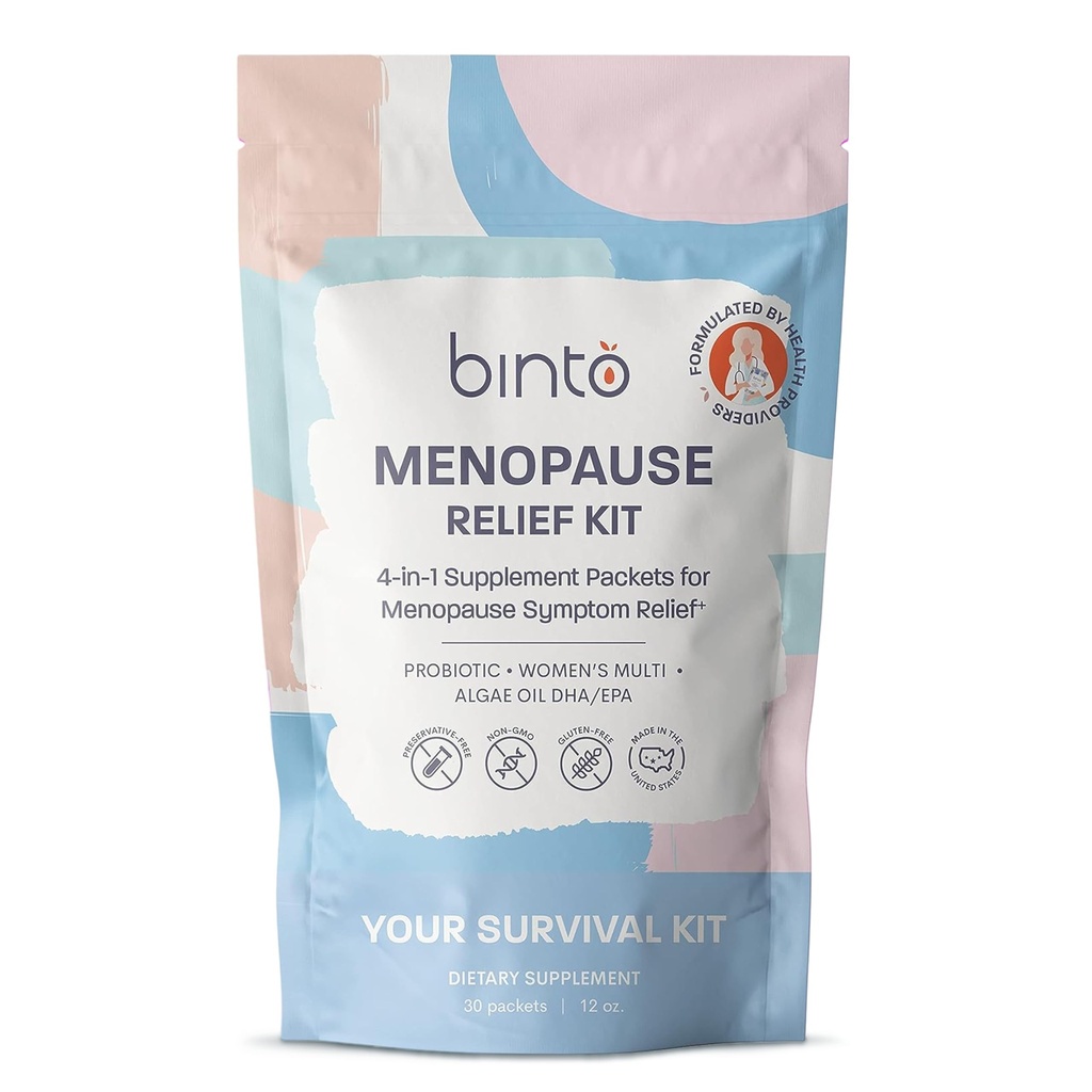 Binto Complete 4-in-1 Multi-Symptom Menopause Relief Kit Supplements - 1 Month Supply - Multivitamins with Omega-3, Ashwagandha and Probiotics/Prebiotic Fiber Blend - Non-GMO