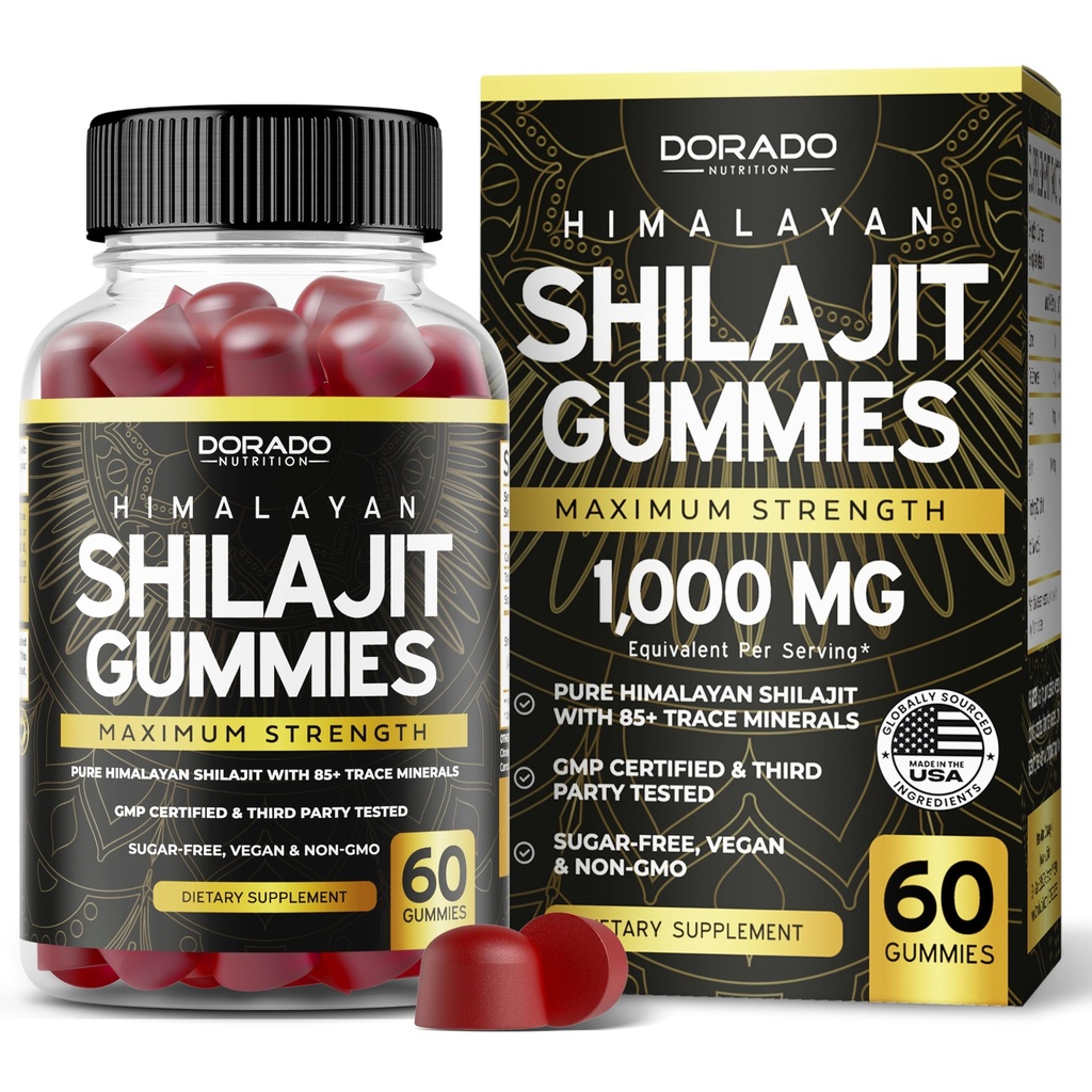 Shilajit Gummys for Men and Women 1000mg(高能度黄金等级,富尔维奇酸85+痕量矿物) - 能源和豁免支助 - 第三方在美国测试、非转基因生物、维冈和制造(60古米)