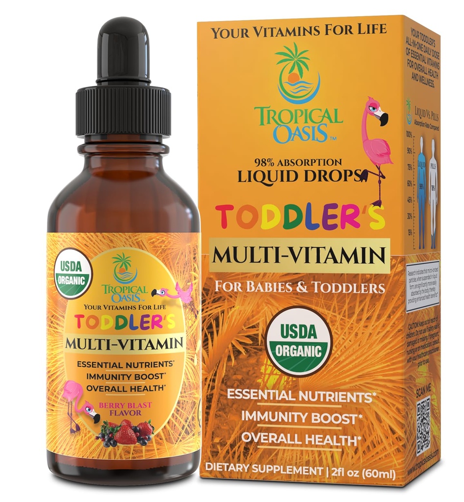 Tropical Oasis USDA Organic Kids Liquid Multivitamin for Toddlers | Organic Toddler Vitamins Liquid Drops for Kids Ages 1-3 | Supports Healthy Immune System | Sugar Free | Vegan | Non-GMO | 2 Fl Oz