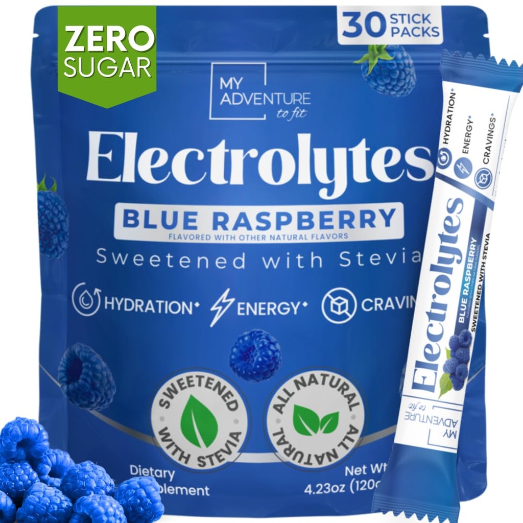 Zero Sugar Blue Raspberry Electrolytes Powder Packets (30 Pack) - All Natural Ingredients, Caffeine Free Energy for Refreshing Hydration - Vegan, Keto, Paleo - Sugar Free Electrolytes Powder No Sugar