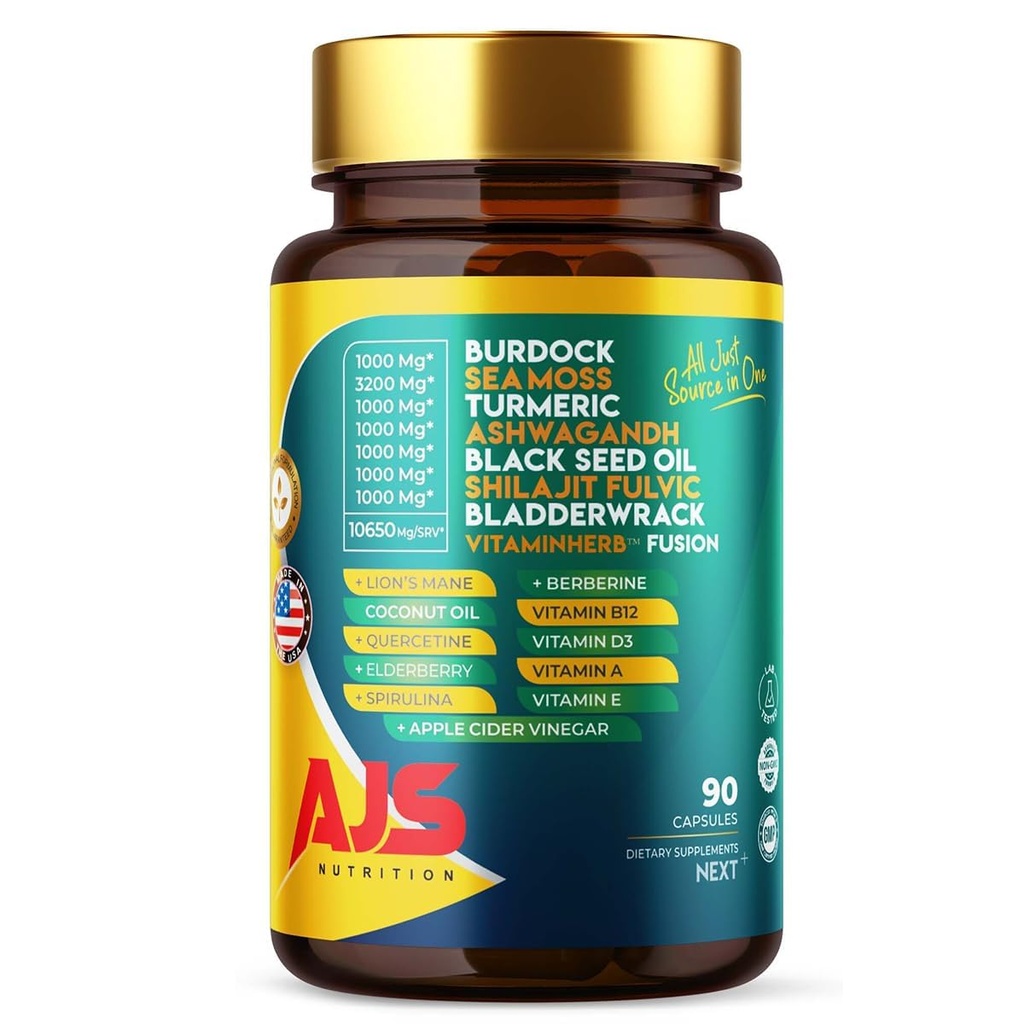 AJS 海摩斯卡普苏莱斯 3200mg,喜马拉雅Shilajit 1000mg 含黑种子油, Ashwagandha, Turmeric, Bladderwrack, Burdock, 维生素, 柏柏林,狮子的马内蘑菇, 长老莓- 90 Caps