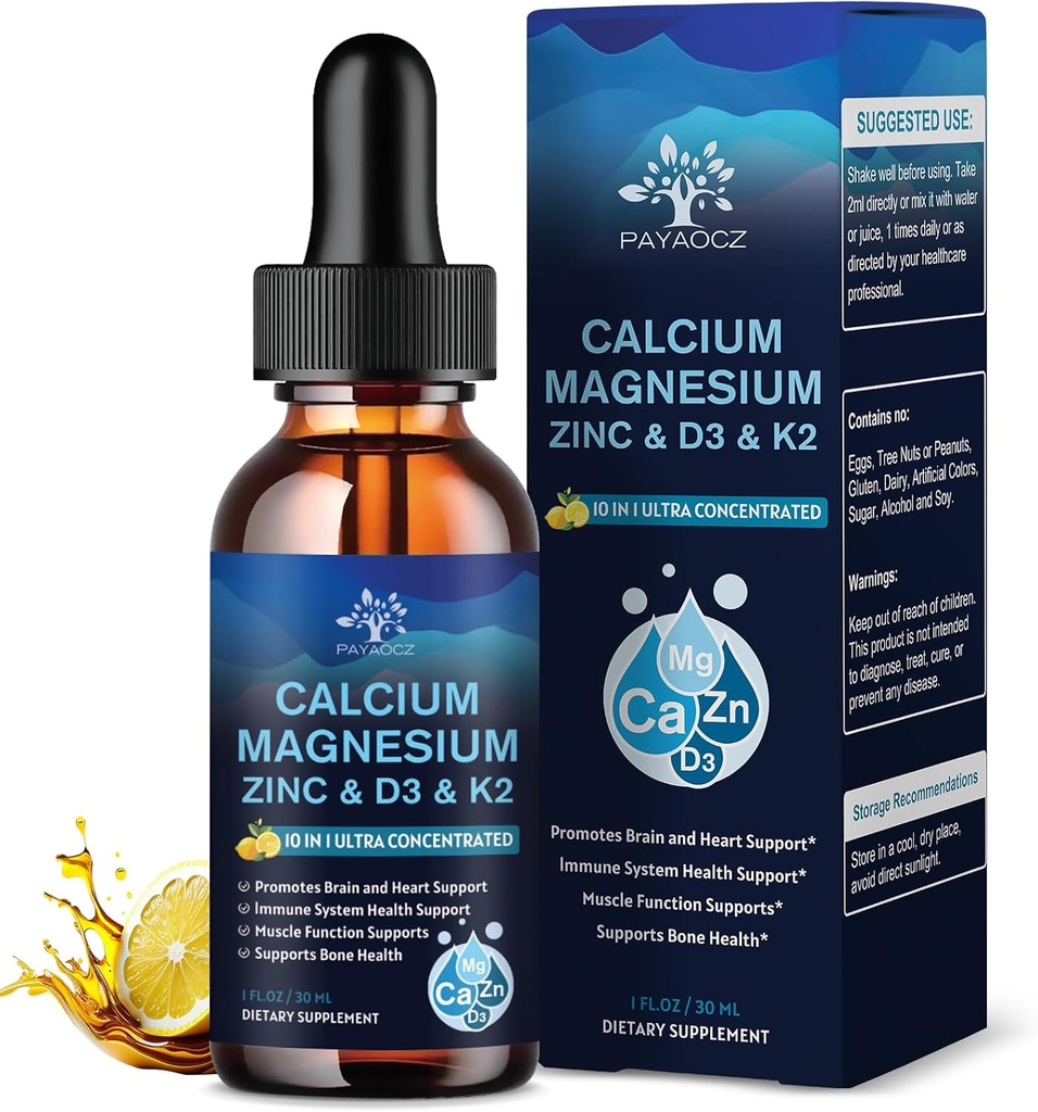 (4 Pack) 10 in 1 Calcium Magnesium Zinc 补充剂 甘油酸镁 复合液滴配维生素 D3 K2 B6, Vegan Calcium Citate Bone & Immune 健康支持,睡眠和挤压, Boron, 1 Fl Oz