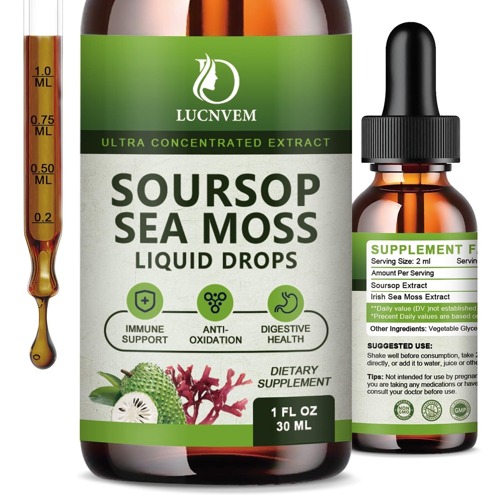 LUCNVEM Organic Soursop Graviola with Sea Moss Liquid Drops, Soursop Bitters Liquid Rich in Multivitamin for Natural Antioxidant, Immune Boost, Cell Support & Regeneration, Pineapple Flavor- 4 FL OZ
