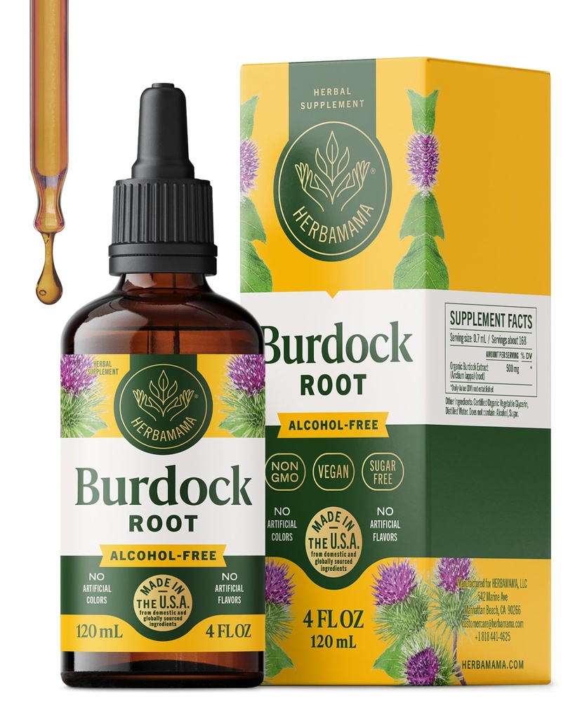 HERBAMAMA Burdock Root Lymphatic Drainage Drops - Vegan Antioxidant & Overall Support with Burdock Root Extract Liquid - Non-GMO, Alcohol & Sugar-Free Herbal Supplement, 84-Day Supply