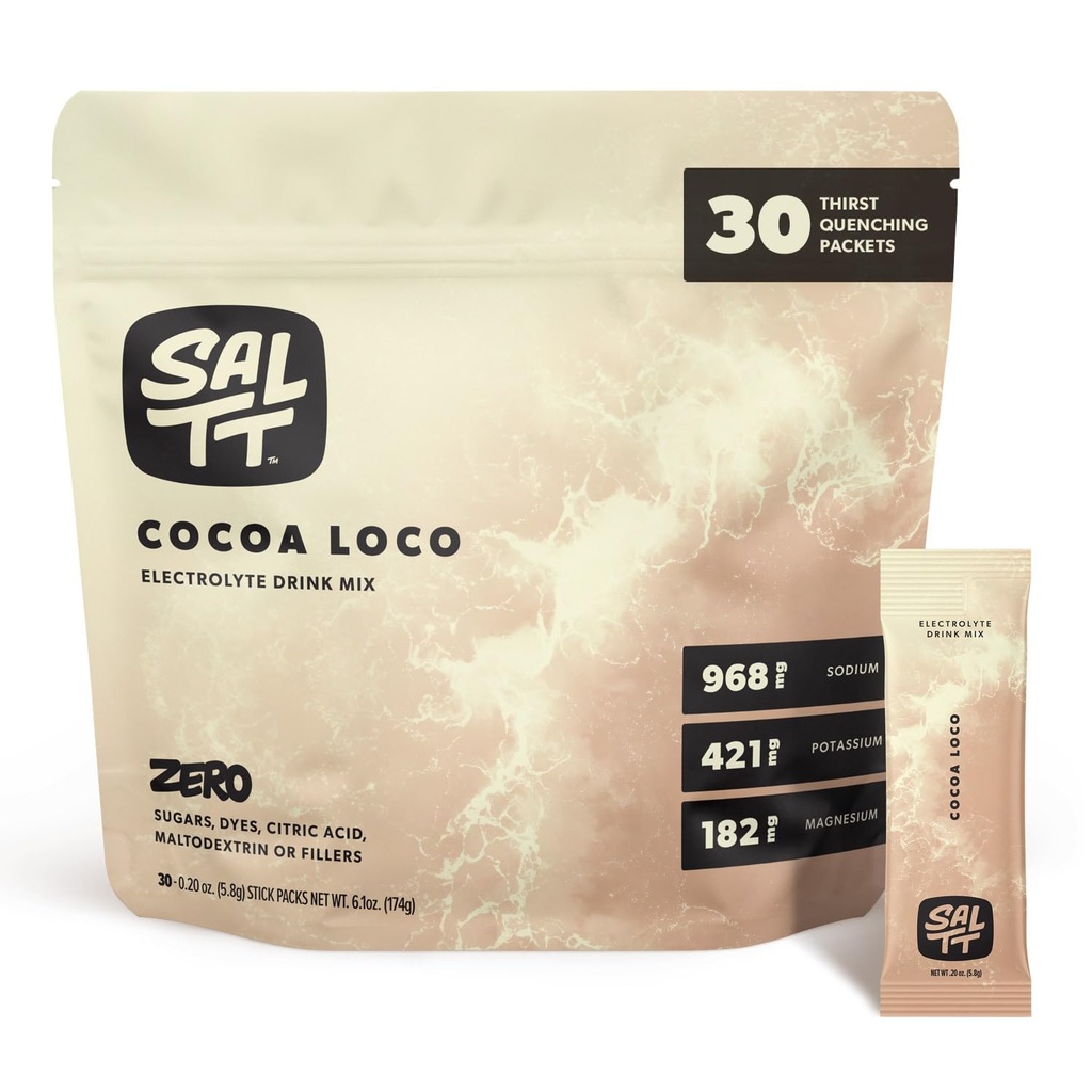 SALTT 电解石 粉末 火焰 饮料 混合 - 可可 Loco - 30个水解包 - 镁,钾,钠,痕量矿物 - 零糖和葡萄糖 自由 - 旅行必需品