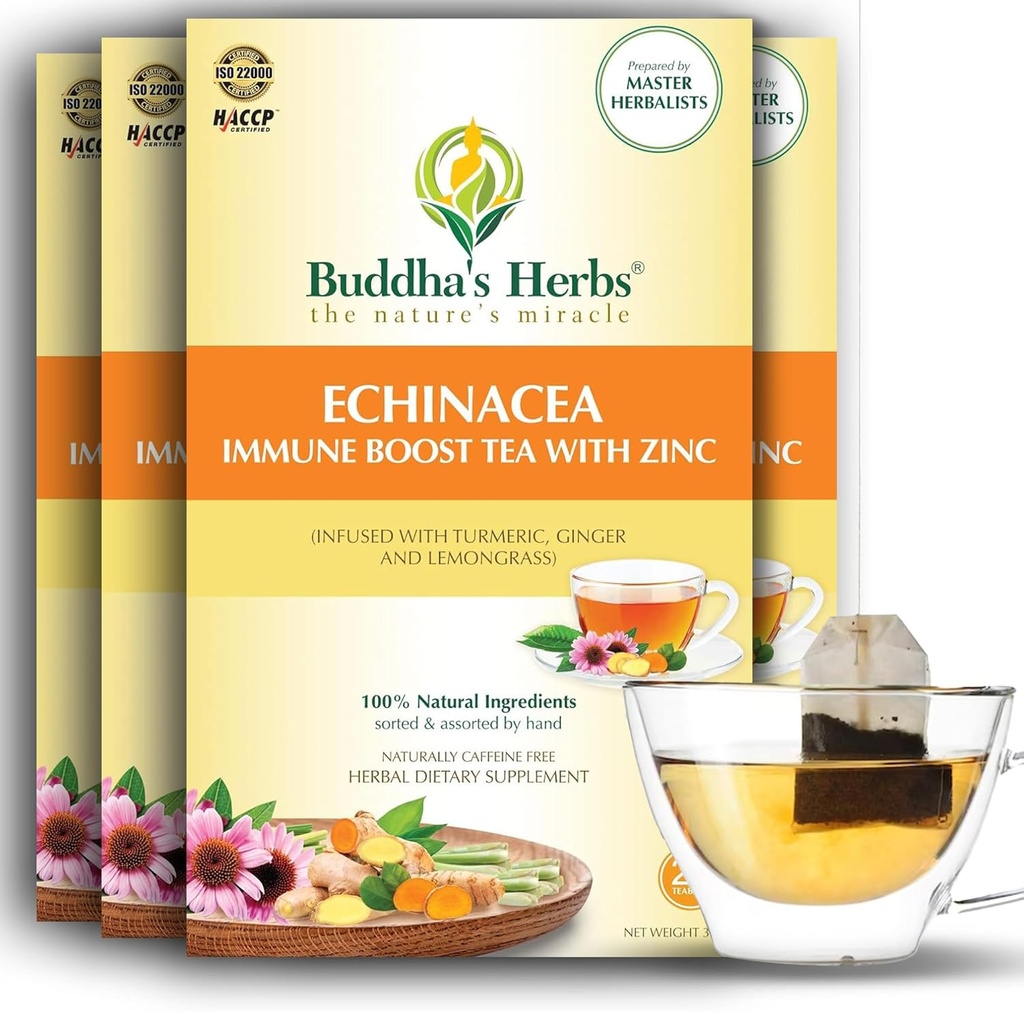 Echinacea预茶配锌(包4,88个茶袋) - 低咖啡因健康用健康茶 - 有机草药茶袋w/天然成份 - 茶爱者的理想茶礼物