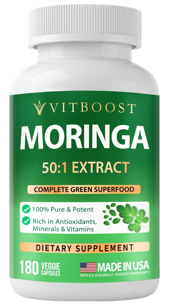 VITBOOST Moringa Oleifera 50:1 Extract Capsules 400mg - Moringa Capsules for Antioxidant Superfood, Energy & Immune Support - Non-GMO, Lab Tested, Made in USA - 180 Count | 3 Month Supply