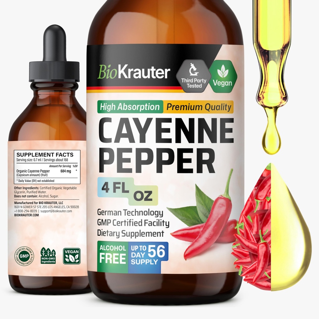 BIO KRAUTER Cayenne Cayenne Pepper 提取液 - 纯卡普赛因提取液 - 液化Cayenne Pepper Drops 用于消化支持 - 糖和酒精自由 4 Fl.Oz.