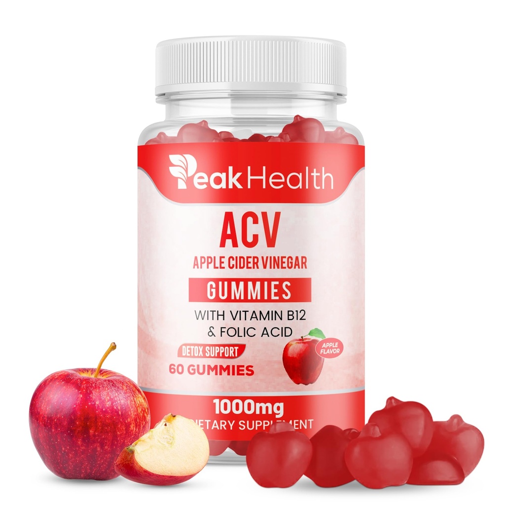 Peakhealth Apple Cider Vinegar Gummies with Vitamins - Delicious Apple Flavor for Women's Health, Metabolism Support & Digestive Wellness, 1000mg ACV with B12, B6, Folic Acid, 60 Vegan Gummies