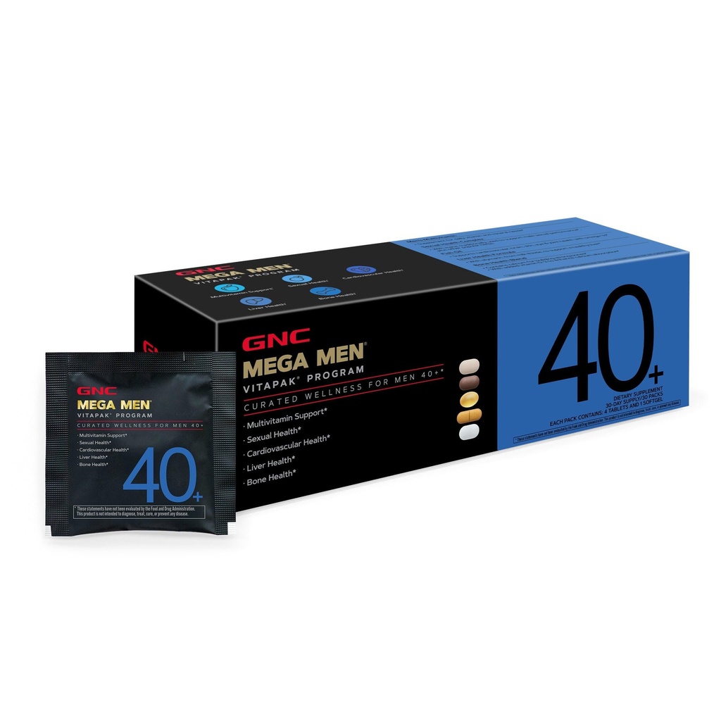GNC Mega Men 40+ Vitapak for Men, 5-in-1 Multivitamin Pack, Energy Production, Men's Health, Edible Dietary Supplement, 30 Servings