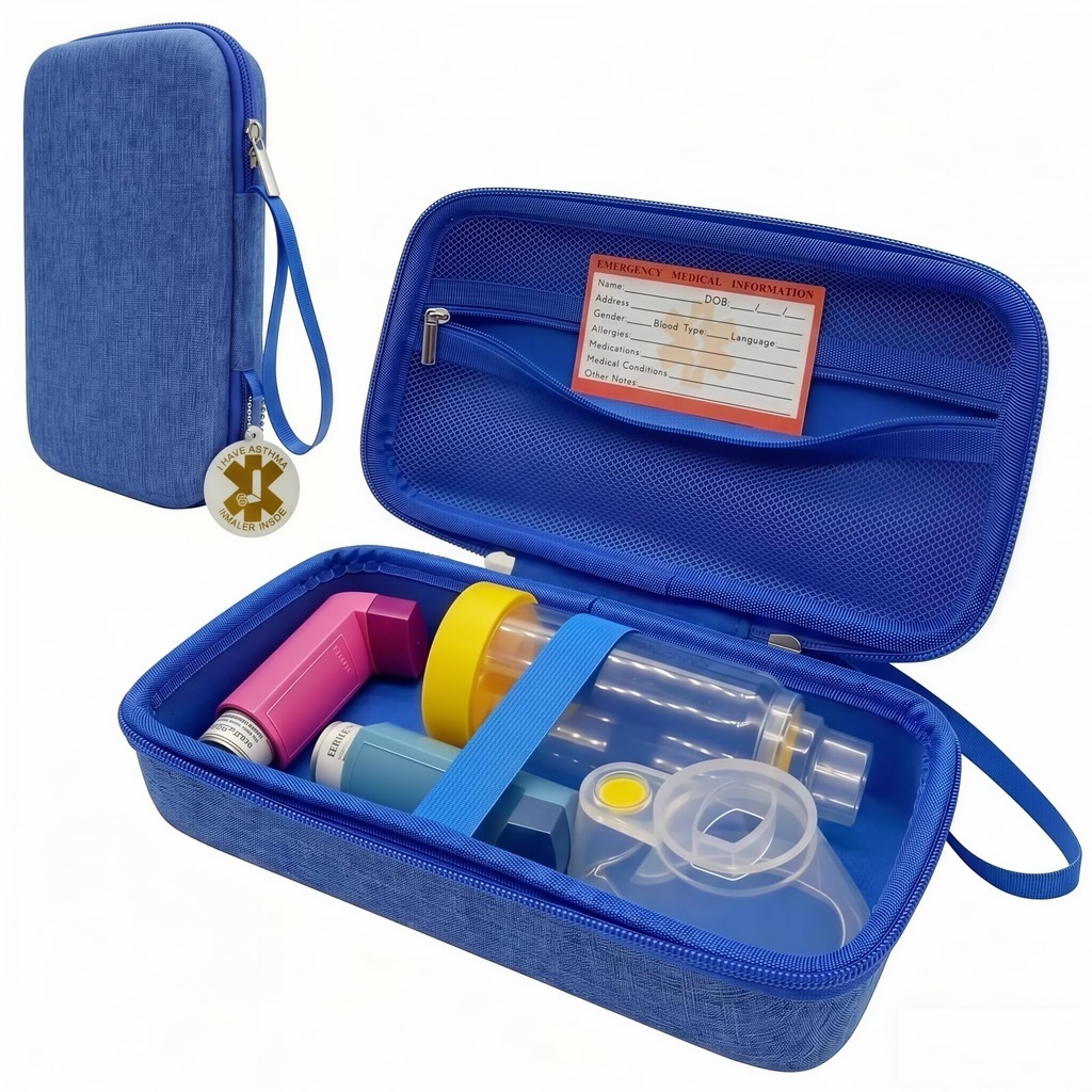 YouKnow Travel Carrying Case for Asthma Inhaler, Inhaler Spacer for Adults and Children, Mask, Inhaler Holder with Asthma Warning Label and Medical Card, with Carabiner (Case Only) (Blue)