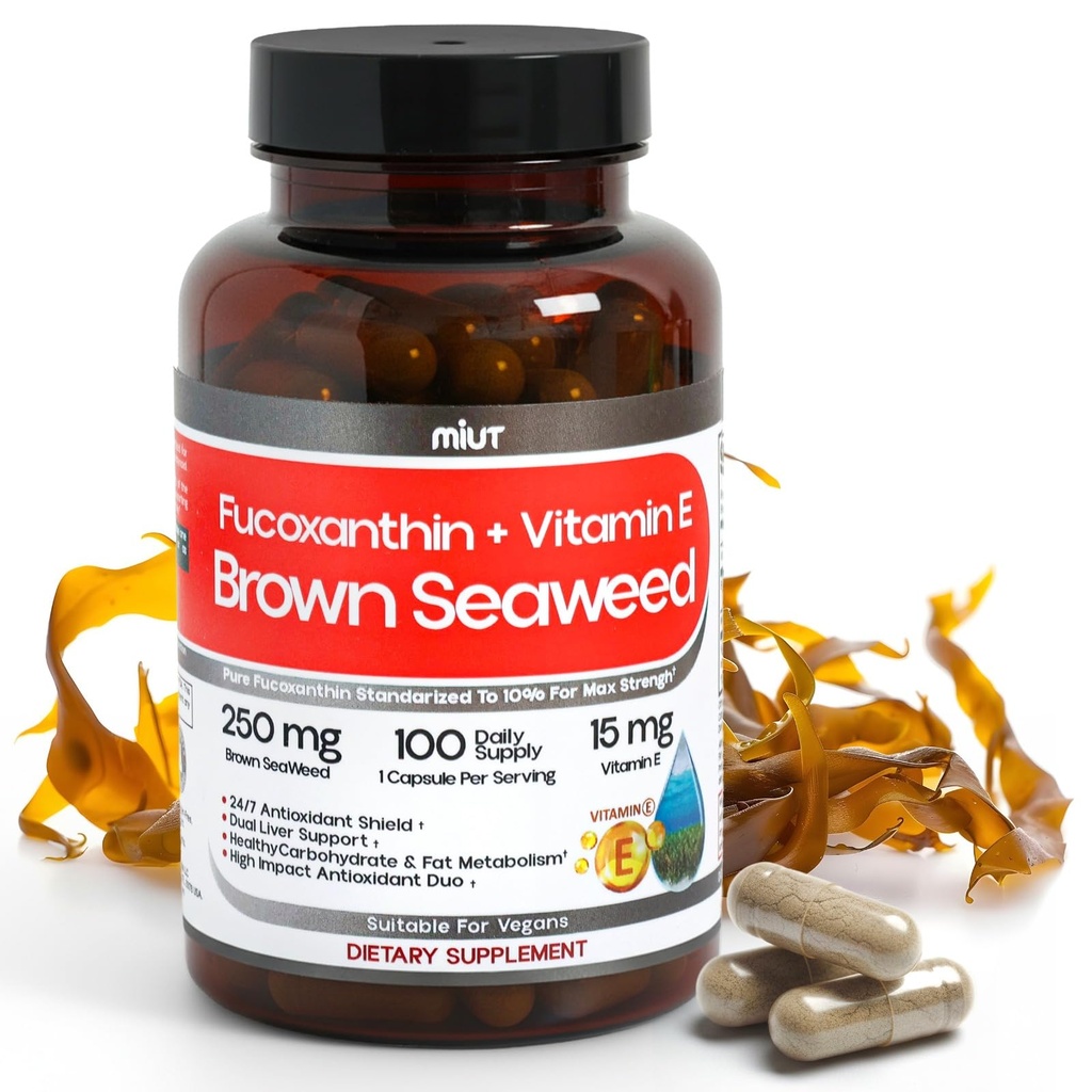 MIUT Fucoxanthin Brown Seaweed Extract Supplement 250mg - 10% Standardized Fucoxanthin w/Vitamin E & MCT Oil, Antioxidant & Metabolic Support - Vegan Marine Carotenoid Formula, Non-GMO - 100 Capsules