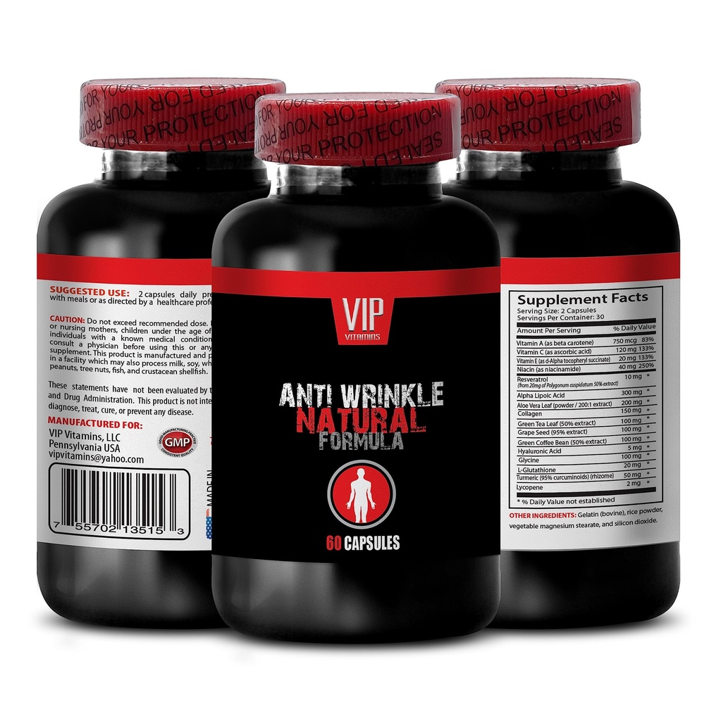 Anti-Wrinkle - Hyaluronic Acid Wrinkle, Vitamin C Skin Smoother Support, Grape Seed Skin Support, Collagen & Resveratrol Refresh, Green Coffee Bean Balance, Aloe Vera 1Bot