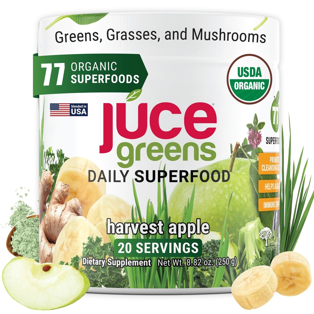 Terra Kai Organics JUCE 绿色超级食品粉,有机水果和蔬菜 补充W/77超级食品 + Prebiotic Probiotic Blend,收获苹果 Flavor - 20 services (250 g)