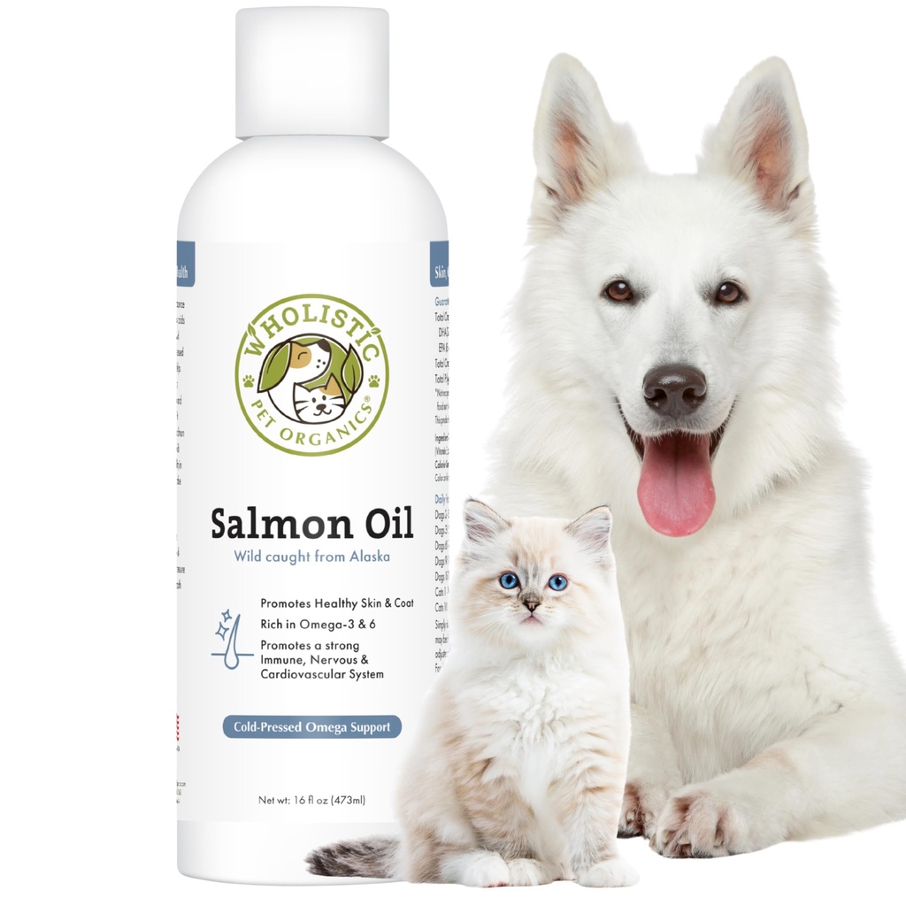Wholistic Pet Organics Wild Alaskan Salmon Oil for Dogs and Cats - Omega 3 Fish Oil for Dogs & Cats - Cat & Dog Skin and Coat Supplement for Heart, Joints - DHA, EPA Omega 3 Liquid Food Topper - 16 oz