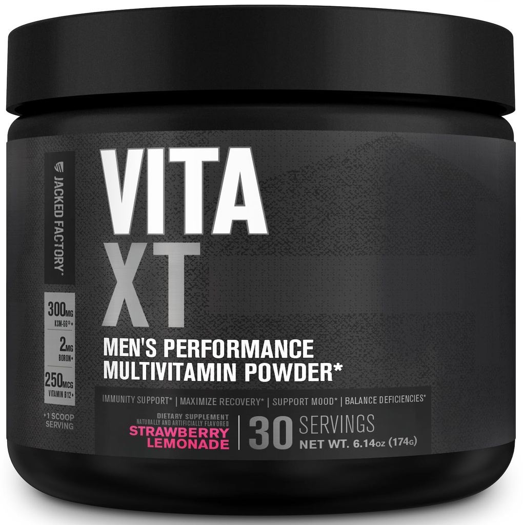 Jacked Factory Vita XT Performance Vitamin Powder - Daily Multivitamin Powder for Men with KSM-66 Ashwagandha, Prebiotic Fiber, Vitamin A, C, D, K, B6, B12, & More - Strawberry Lemonade, 30Sv