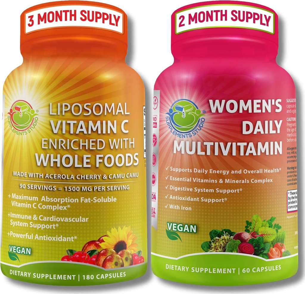 Antioxidant & Immunity Support Bundle - Liposomal Vitamin C 1500mg with Organic Acerola Cherry & Camu Camu + Women's Daily Multivitamin with Iron, Superfoods, Probiotics & Enzymes – Vegan, Non-GMO