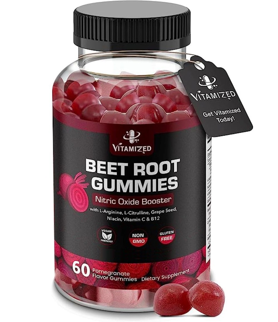 Beet Root Gummys - 超级硝基氧化贝特补充剂 - 红贝特罗特心菜与葡萄种子动力 & B12 - 石榴糖 Flavor, 60 Chewables Beets