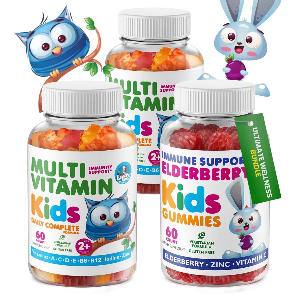 DR. MORITZ Elderberry Gummies for Kids (60 Count) and Kids Multivitamin Gummies Bundle (120 Count, 2 Pack) - for Children’s Immune Support and Overall Health - Toddler Vitamins Supplement