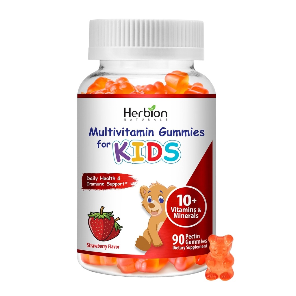 HERBION Naturals Multivitamin Gummies for Kids, Immune Support with Vitamin C, D3, B12, A, E & Zinc, Strawberry Flavor, Gluten Free, Vegan, Chewable Gummies for Vitality & Immunity, 90 CT, Pack of 1