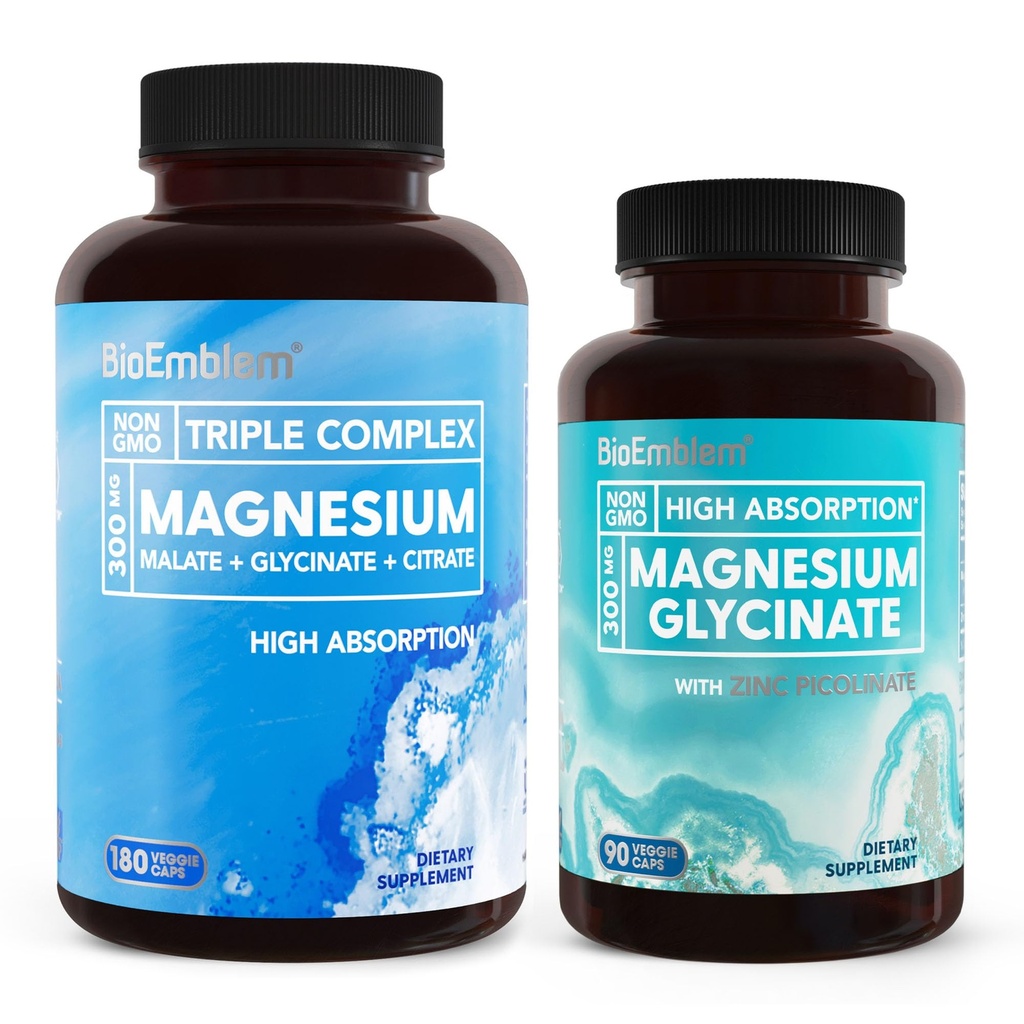 BioEmblem Triple Magnesium Complex and Magnesium glycinate with Zinc for Brain Health, Enzyme Function and Muscles and Legs