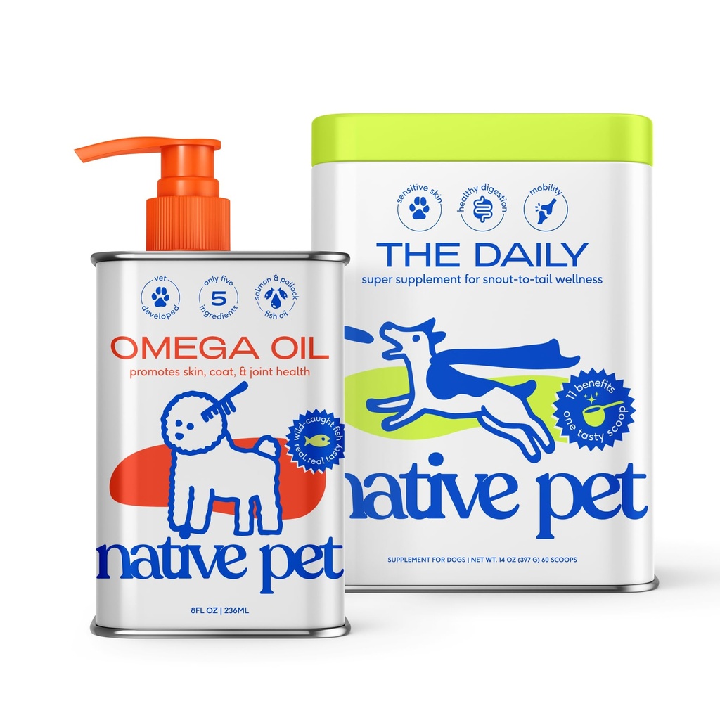 Native Pet Pack Leaders Bundle - Daily Multivitamin (60 Scoops) & Omega Oil for Dogs (8 Oz.) - Omega 3 Fish Oil for Healthy Skin, Shiny Coat, & Strong Joints & Daily Multivitamin for Dogs