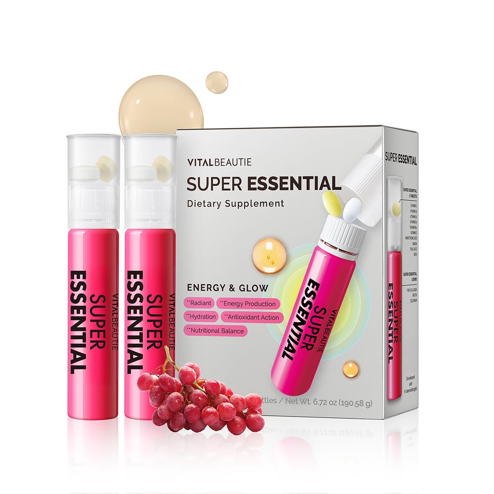 VITALBEAUTIE Super Essential (7-Day) – Women’s All‑in‑One Beauty + Multivitamin Ampoules & Tablets – 1,000mg Fish Collagen + 1,000mg Vitamin C, Biotin, Iron, Vitamin D – Grape Flavor - 7 Servings