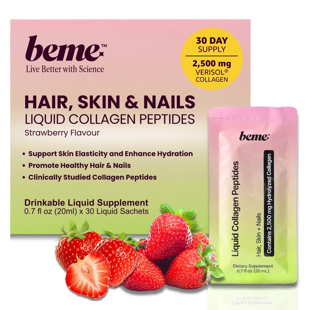 BeMe Liquid Collagen for Women — 2,500mg Hydrolyzed Bovine VERISOL Collagen Peptides Drink — Biotin, CoQ10 & Vitamin C Collagen Supplement for Hair, Skin & Nails — Strawberry, 30 Sachets