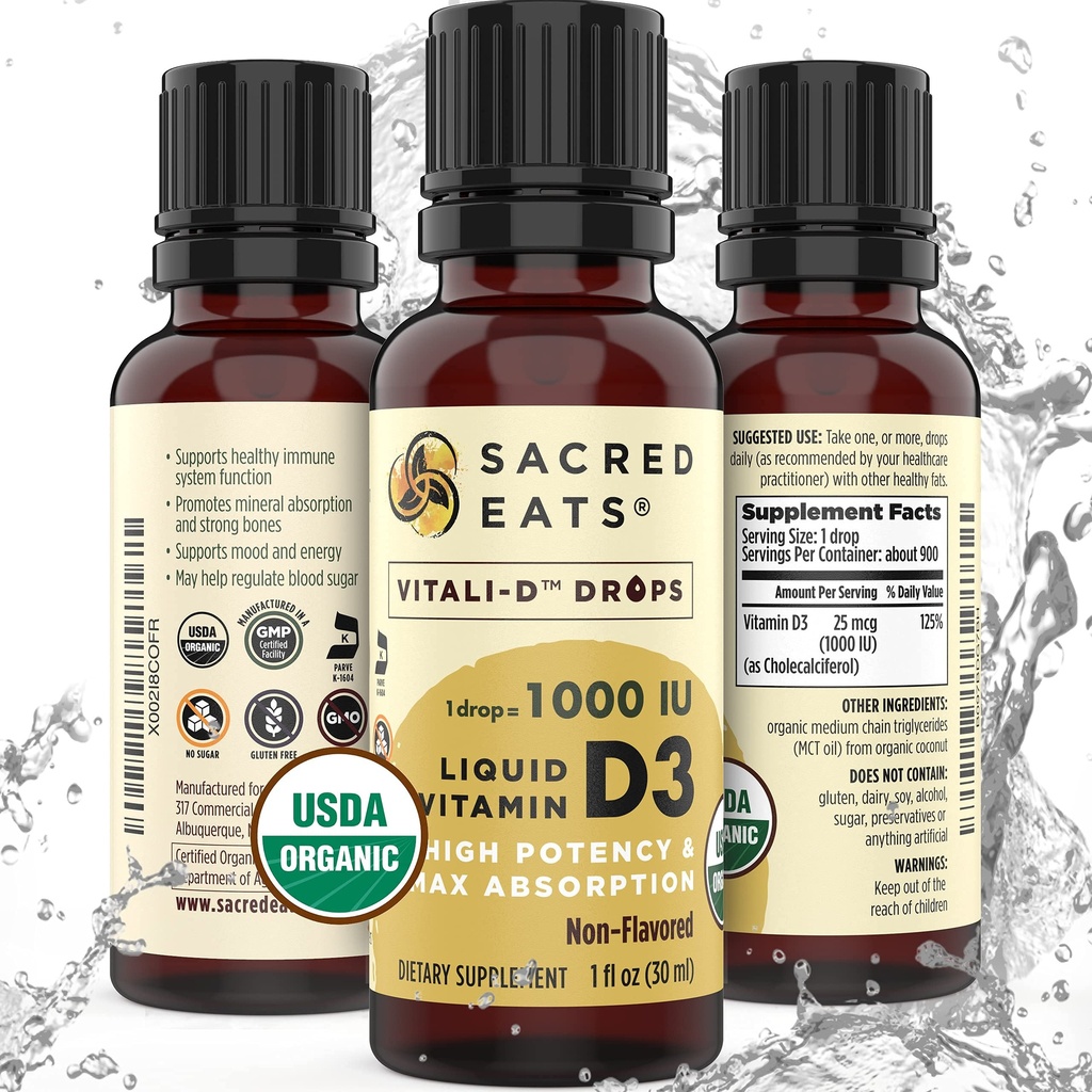 Organic Liquid Vitamin D Drops for Kids & Adults, Sugar Free. Easy to Use 1,000 IU/Drop in Coconut MCT Oil. Lasts Months, Best for High Doses. Max Absorption VIT D3 Supplement. No Taste (Flavorless)