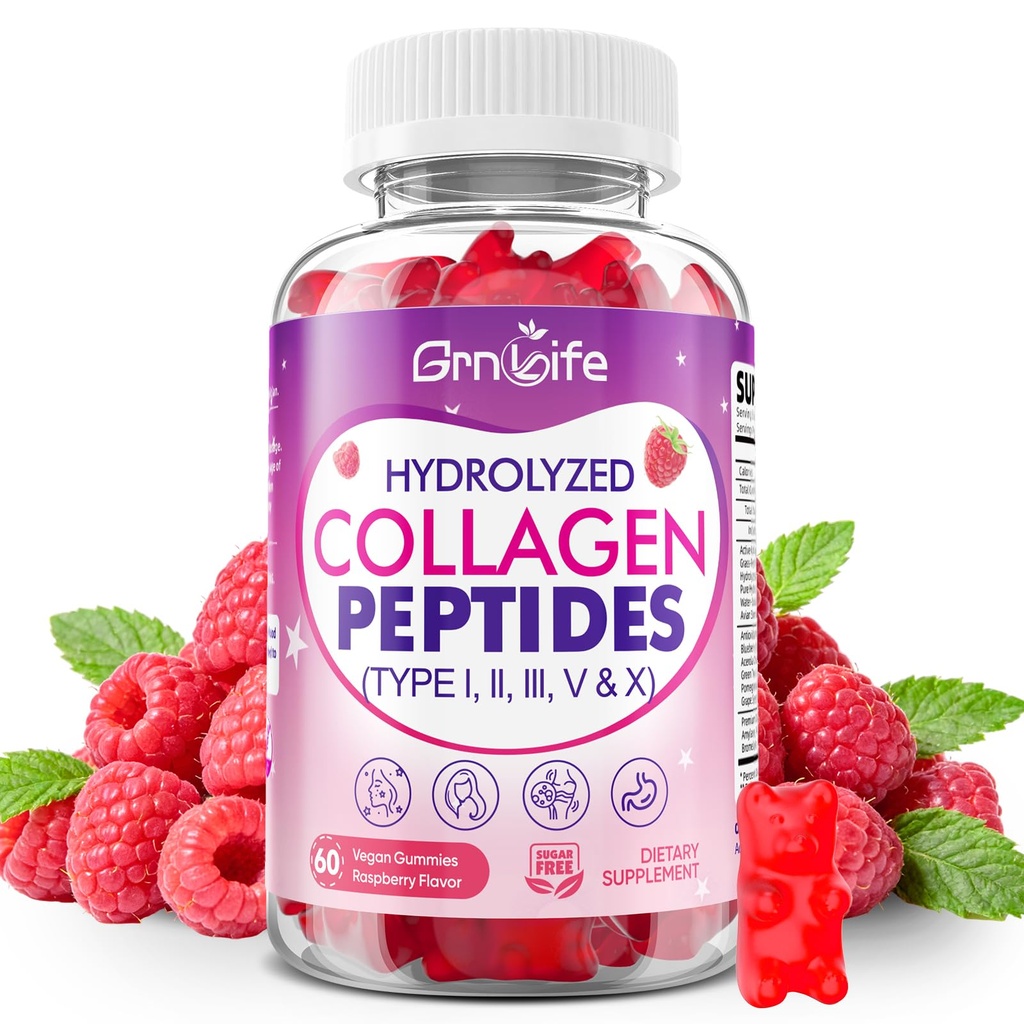 Collagen Gummies for Women & Men Sugar-Free, Hydrolyzed Collagen Peptides with Antioxidant Blend & Digestive Enzymes, Multi Collagen (Type I,II,III,V,X) for Skin Hair Nails, Raspberry Flavor, 60 Count