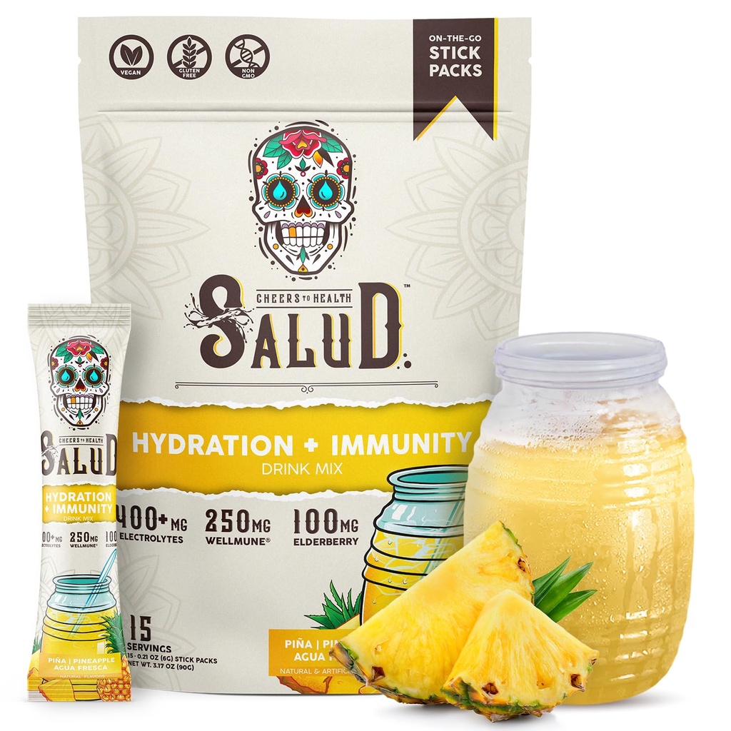 Salud 2-in-1 水解包+ 豁免电解片粉,菠萝- Agua Fresca 饮料混合物, 长老莓, 奶油和大豆自由, 非GMO, Gluten Free, Vegan, 低卡路里, 1g 糖(15种服务)