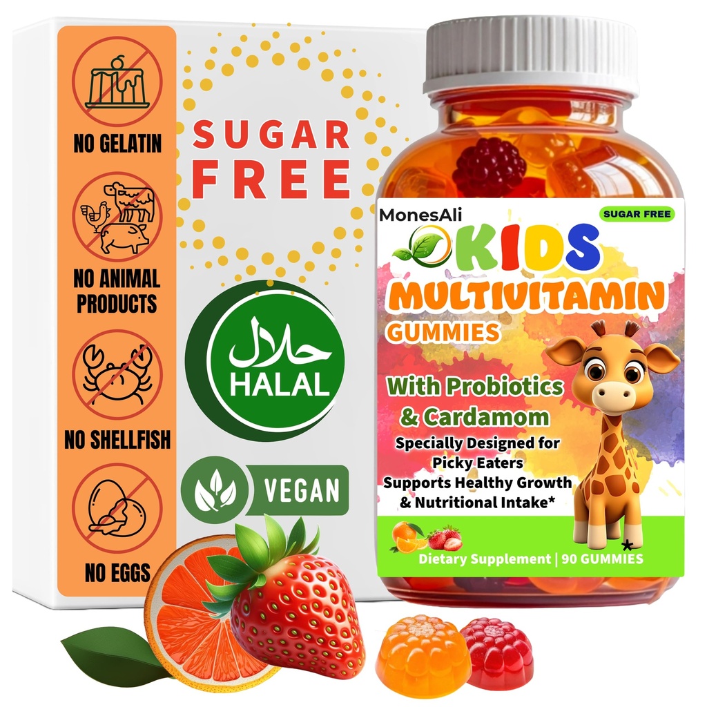 Kids Multivitamin Gummies with Magnesium & Probiotics - Vegan, Gelatin-Free, Halal, Orange & Strawberry Flavors, 90 Count