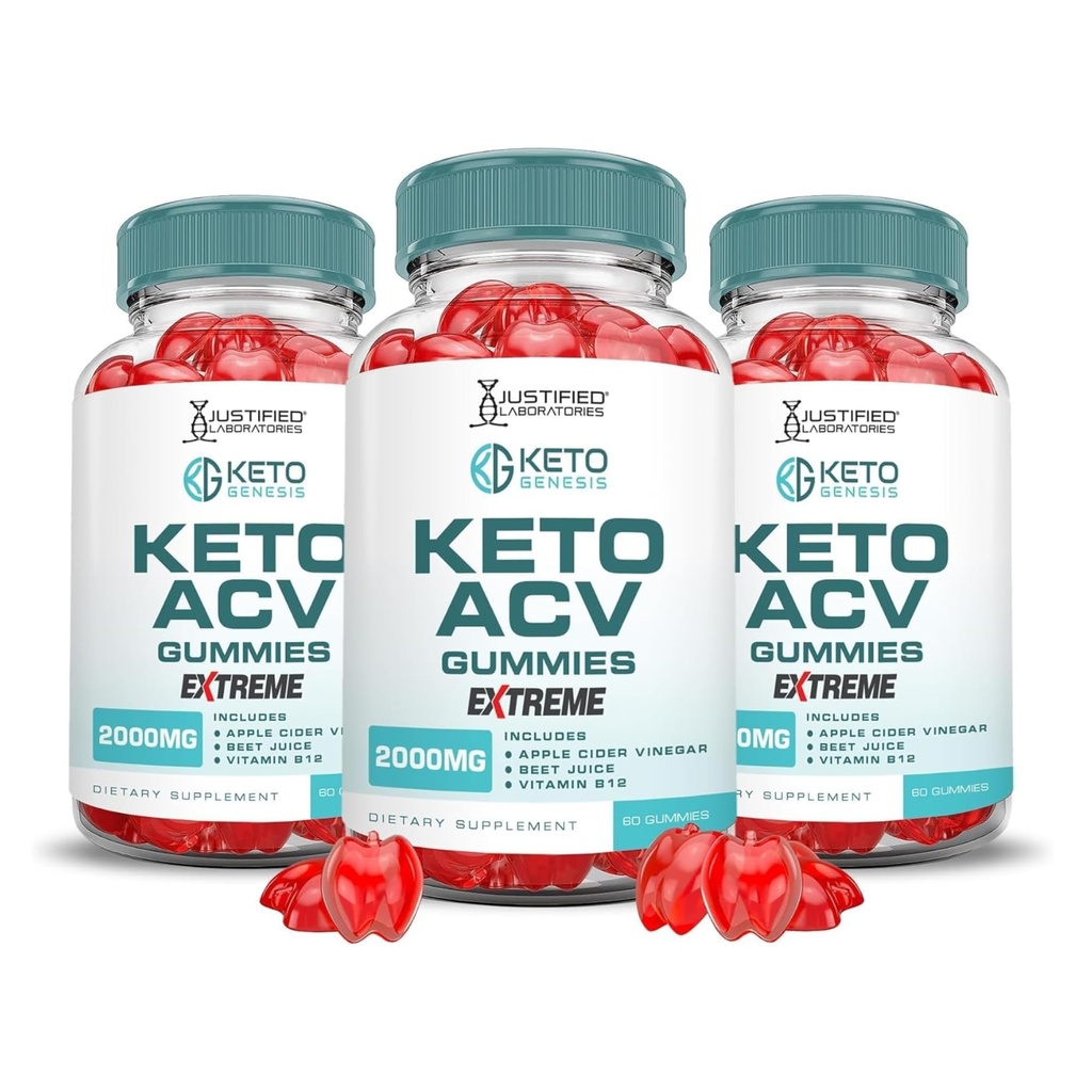 Justified Laboratories Keto Genesis Keto ACV Gummies Extreme (2000 mg) - 60 Count, Pack of 3 - Formulated with Apple Cider Vinegar, Folate & Vitamin B12 - Non-GMO, Vegan, Gluten Free - 90 Servings
