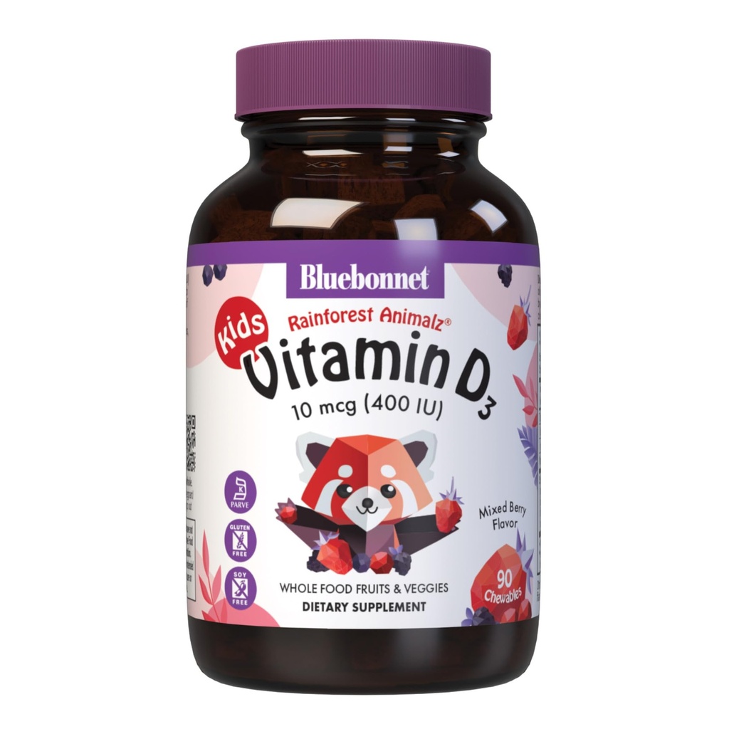 Bluebonnet Nutrition Rainforest Animalz Vitamin D3 400 IU Chewable Tablet, Soy, Dairy & Gluten-Free, Non-GMO, Kosher Certified, Vegetarian Friendly, Natural Mixed Berry Flavor, 90 Count