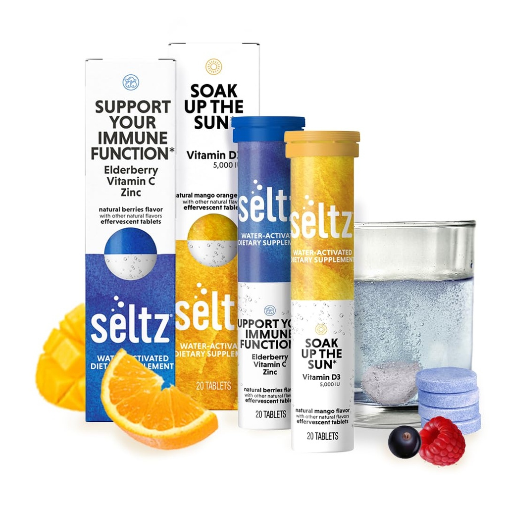 Seltz® D-fense & D-Light Pack - Vitamin D + Immune Support Effervescent Vitamins (Soak up The Sun + Support Your Immune Function) with Vitamin D3 (5,000 IU), Elderberry, Vitamin C, and Zinc