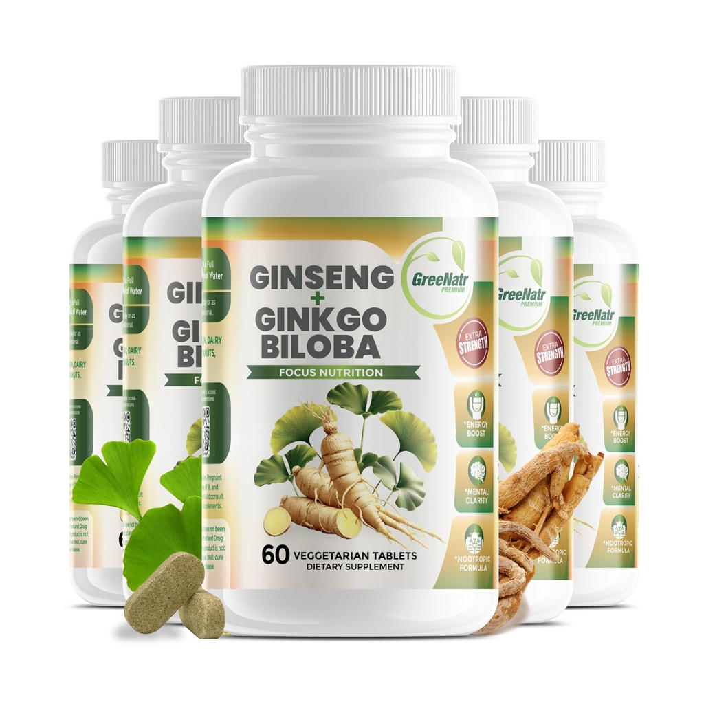 GreeNatr Ginko Biloba & Panax Ginseng 补编 - Red Ginsen for memory and Focus - Ginkgo Biloba for Good Vision, Immune System and 改善血液流动(360块牌匾:6瓶)