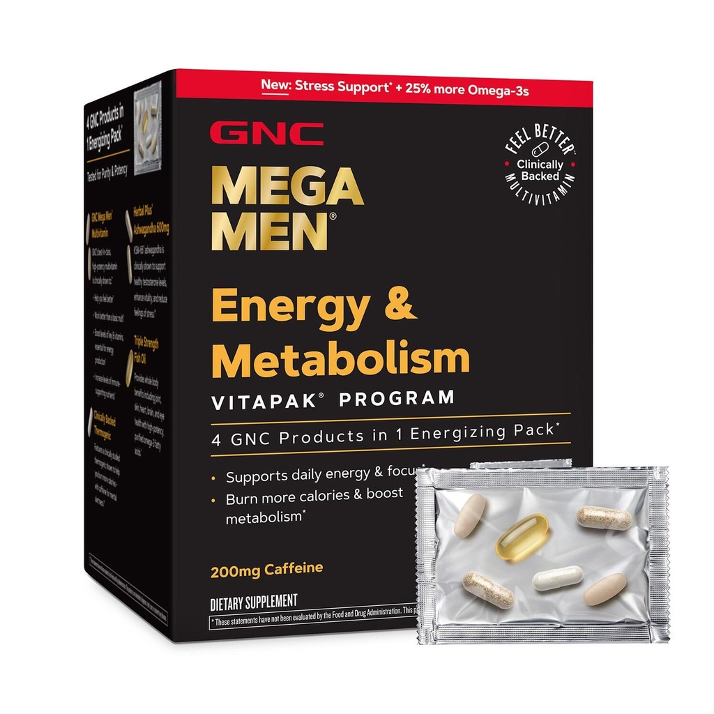 GNC Mega Men Energy & Metabolism Vitapak Program V2 for Men- All-in-One Men's Multivitamin Pack- Whole Body Wellness- Fish Oil, Ashwagandha, Clinically-Backed Thermogenic- High-Potency- 1 Month Supply