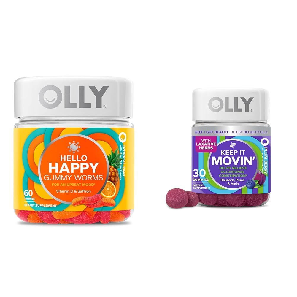 OLLY Hello Happy Gummy Worms Mood Support with Saffron, Vitamin D - 60 Count and Keep It Moving Constipation Relief Gummies with Rhubarb, Prunes, Amla - 30 Count