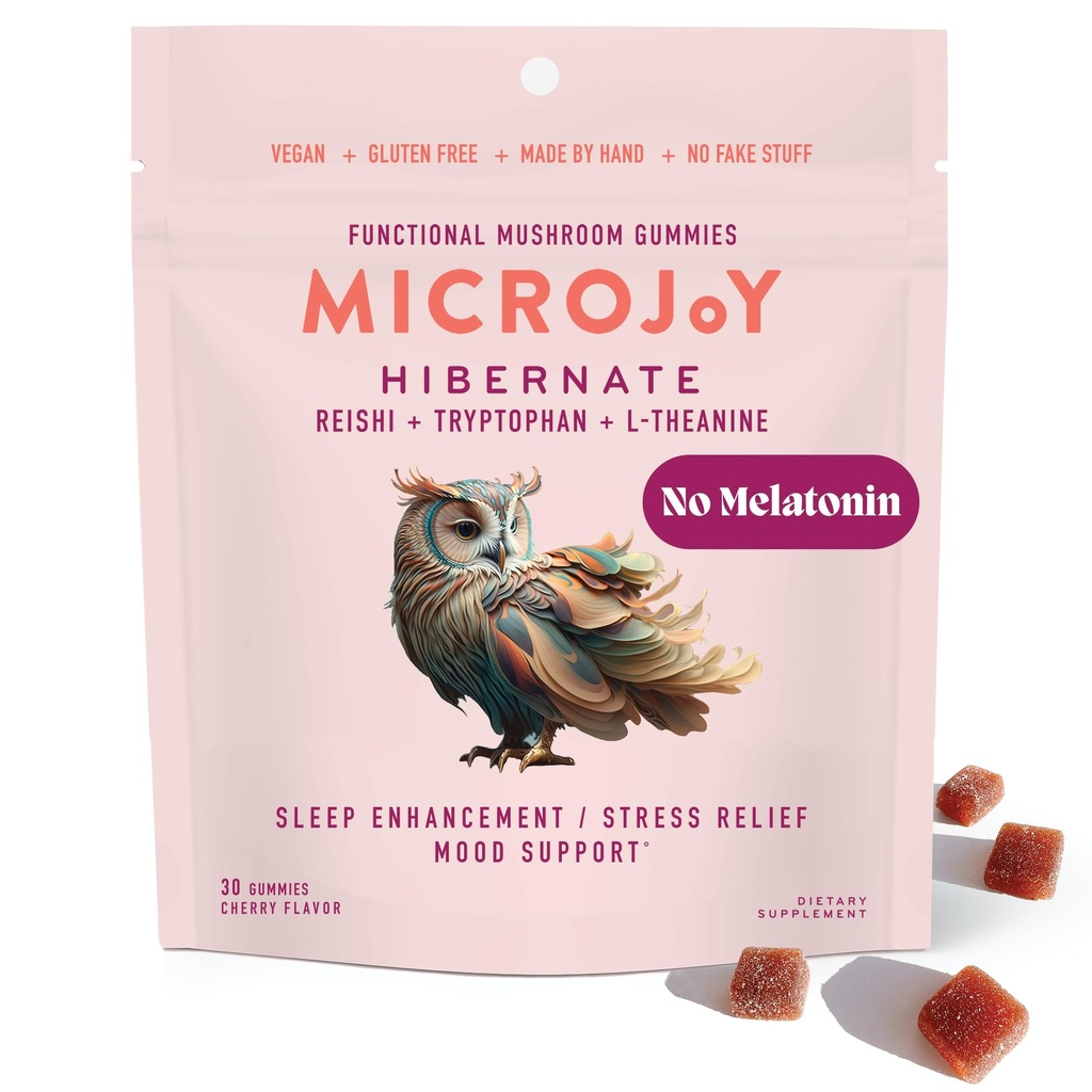 Microjoy Hibernate Gummies – Natural Sleep Aid with Reishi Mushroom – Stress Relief and Mood Support – Vegan, Non-GMO, Cherry Flavor (30 Gummies)