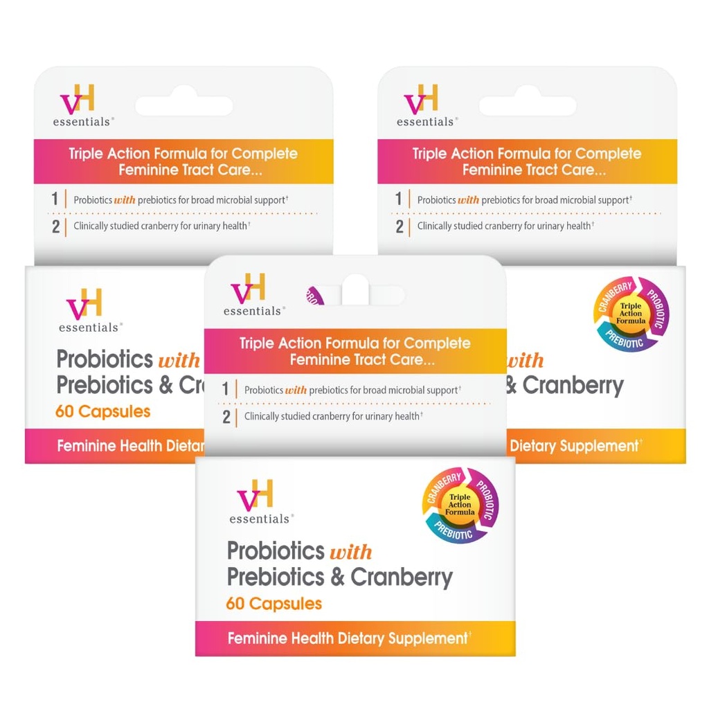 vH essentials Probiotics for Women with Prebiotics, Cranberry & Vitamin C - 180 Capsules (90 Day Supply) - Vaginal Probiotics Support Gut Balance, Vaginal Health & Urinary Tract Health for Women