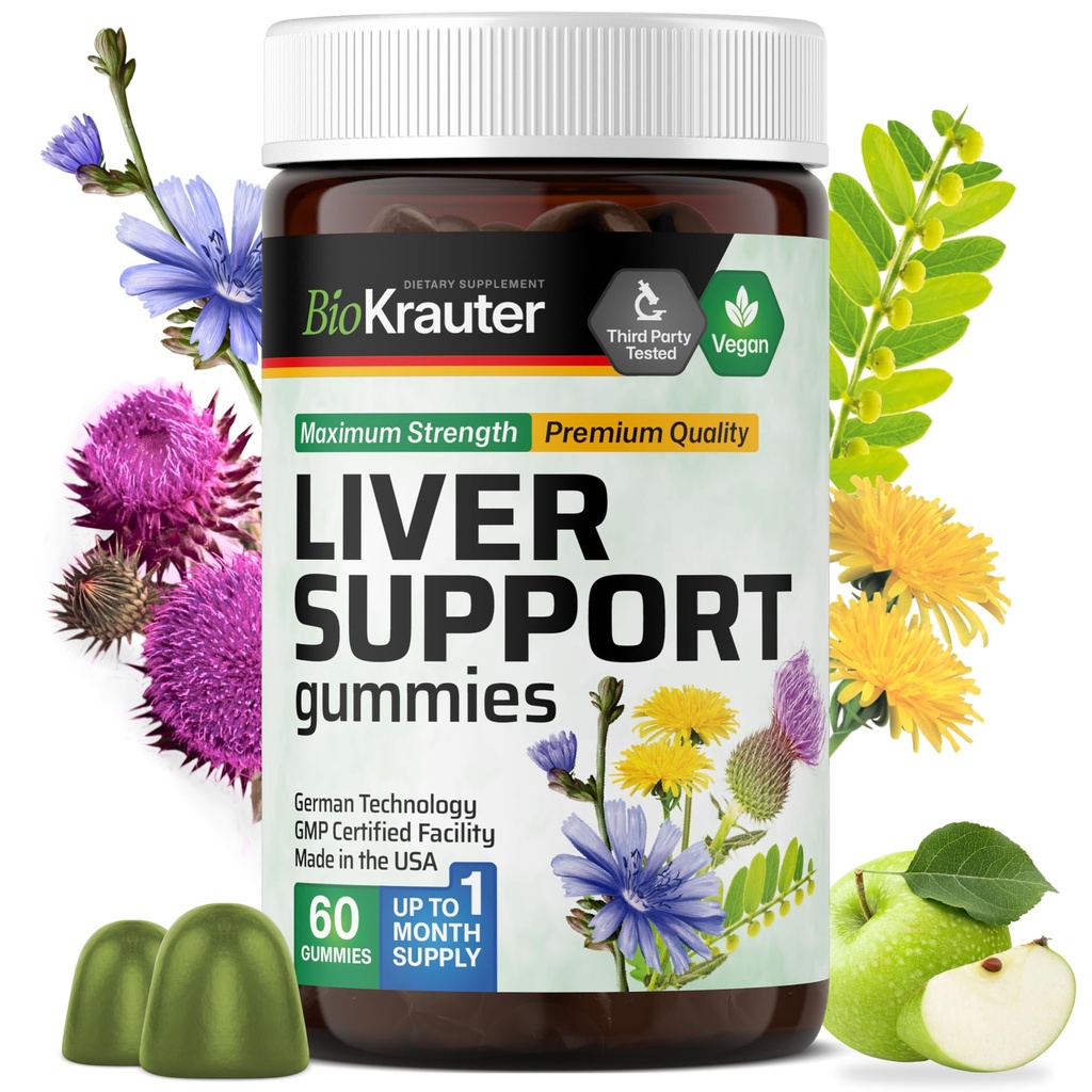 BIO KRAUTER Liver Supplement Gummys - 60 Vegan Chews w/Milk Thetle, Dandelion Root for Liver Cleanse & Detox - 80% 西利马林