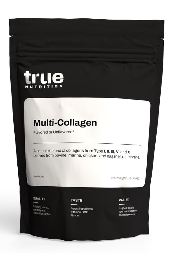 True Nutrition Multi-Collagen Powder - Types I, II, III, V & X Collagen Peptides - Bovine, Marine, Chicken & Eggshell Sources - Paleo, Gluten Free - Unflavored - 1lb