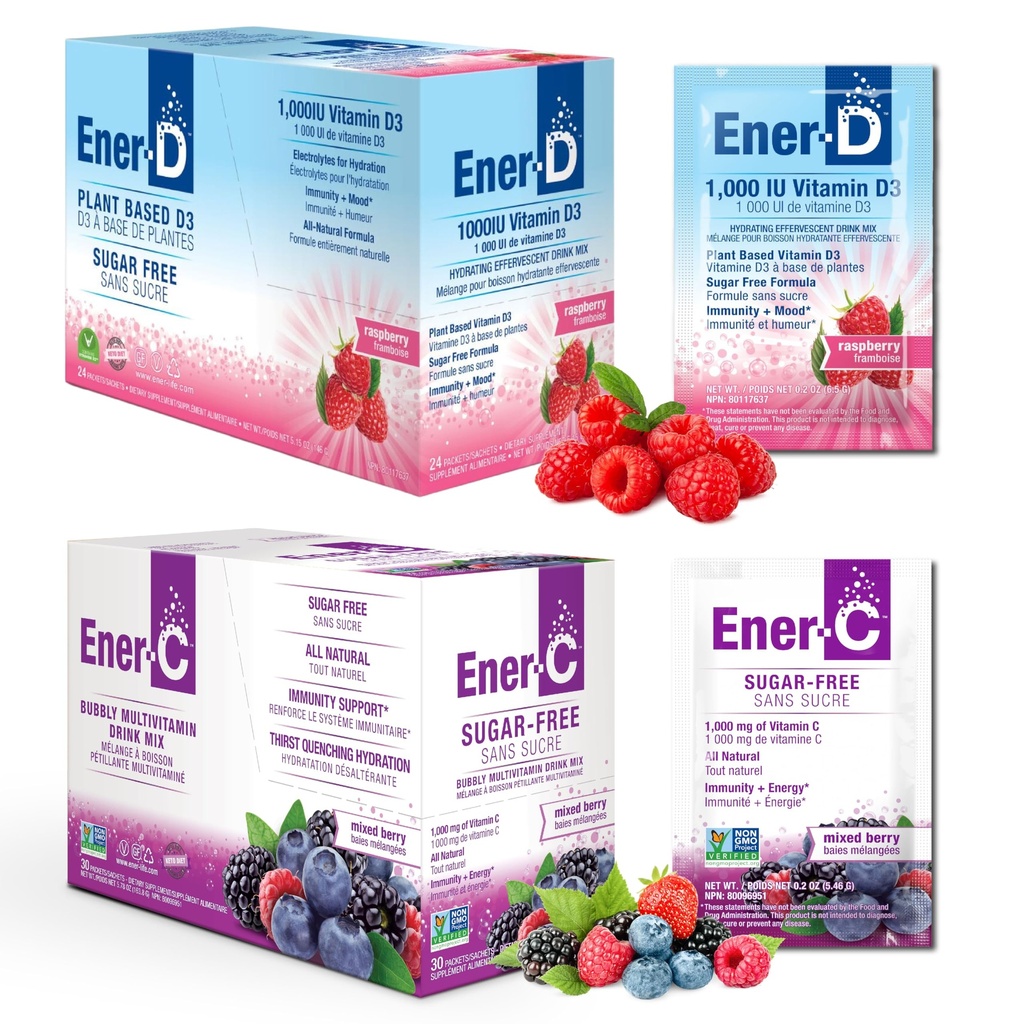 Ener-C Sugar Free Vitamin C 1000mg Mixed Berry & Ener-D Vitamin D3 Raspberry Multivitamin Drink Powder Natural Energy & Immune Support for Women & Men - Real Fruit Juice Non-GMO Vegan - 54 Count