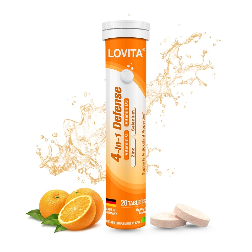 LOVITA 4-in-1 Defense Vitamin C Immune Support Effervescent Tablets 20 Count, VIT D3, Zinc, Selenium, Antioxidant Support, Orange Flavor, Vegan, Gluten-Free, Sugar-Free, Lactose-Free