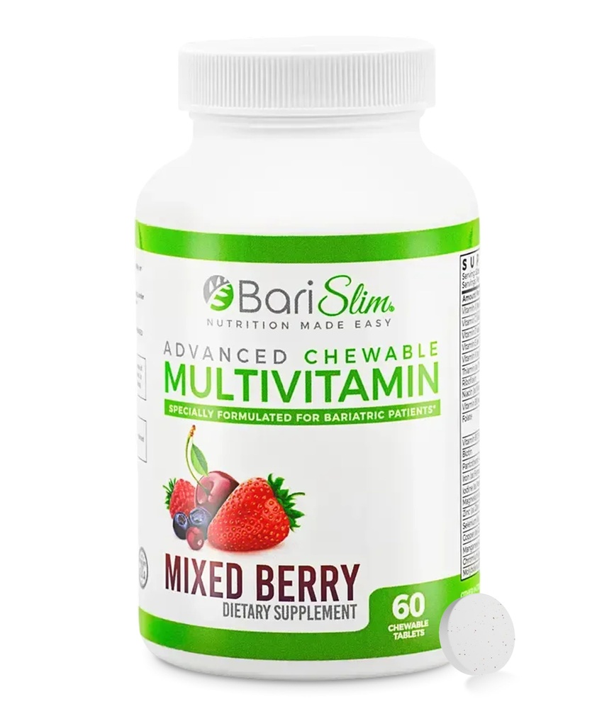 BariSlim Advanced Chewable Bariatric Multivitamin Tablets - Bariatric Vitamin and Supplement for Post Bariatric Surgery Including Gastric Bypass & Gastric Sleeve | Mixed Berry (60 Count)