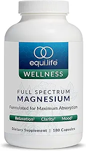 Equilife Full Spectrum Magnesium Supplement, Glycnate, Citrate, & Malate, 生物可用矿物混合剂, 奶制品, 豆类, & Gluten Free, Vegan, 非转基因生物, 180 Capsules