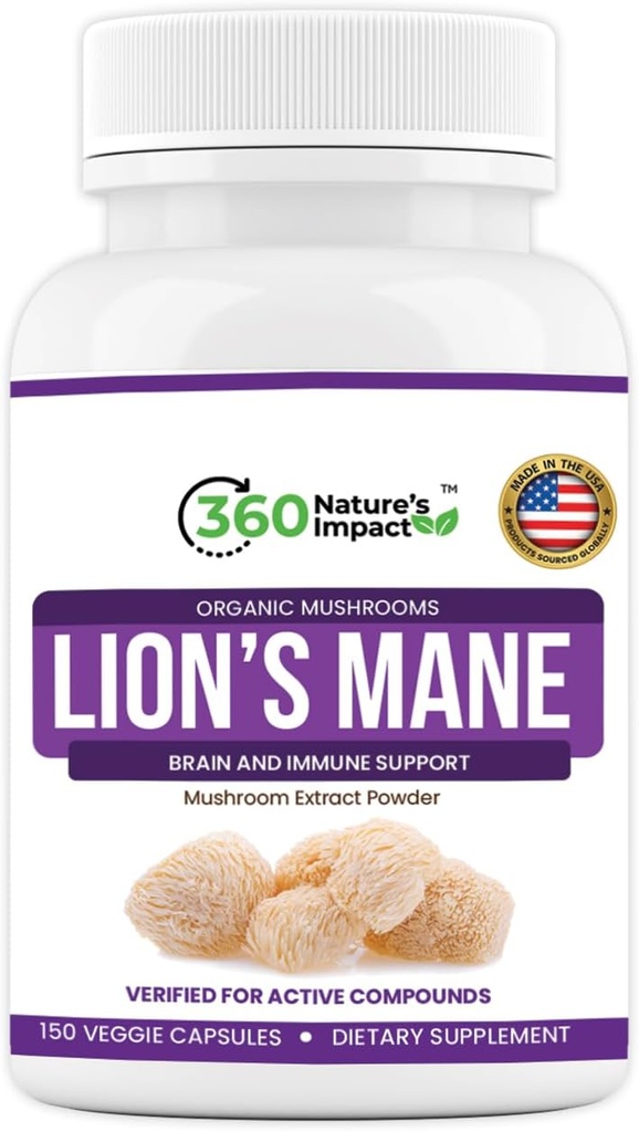 360 自然影响狮子 Mane蘑菇 补充 Capsules (150 Capsules) 脑健康支持补充 有机补充 Beta-Glucans & Hypromellose 用于认知系统