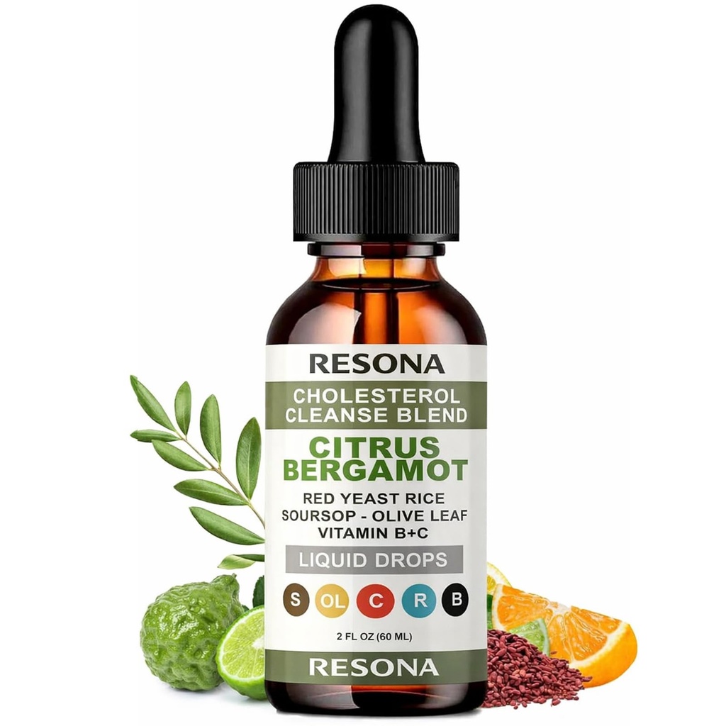 RESONA Red Yeast Rice Drops - High Absorption Cholesterol Support Blend with Citrus Bergamot, Olive Leaf & Soursop - Natural, Non-GMO, Vegan - 2 fl oz (1)