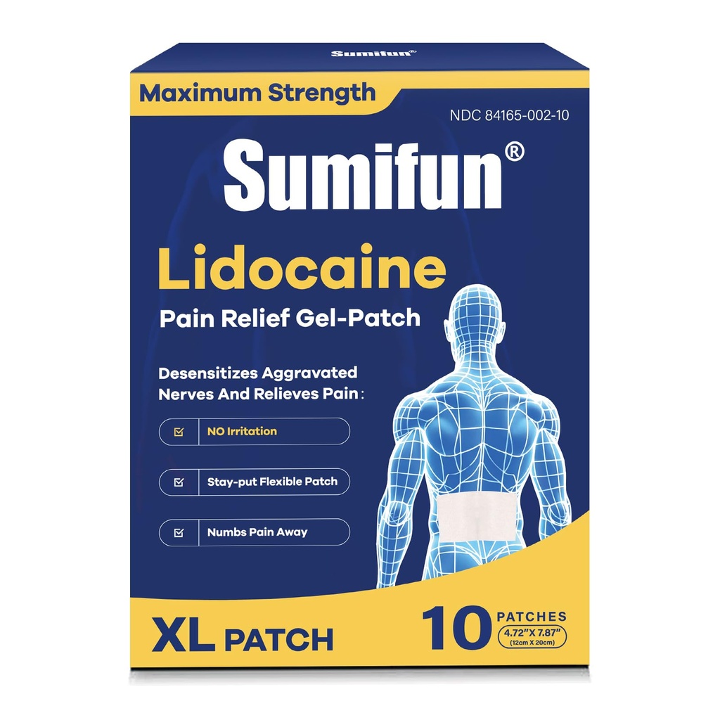 Sumifun 4% Lidocaine XL Pain Patches | Extra Large 4.72"x7.87" for Full Back & Thigh Coverage | Maximum Strength OTC Numbing | 8-Hour Medical Adhesion (X-Large, Count, 10)