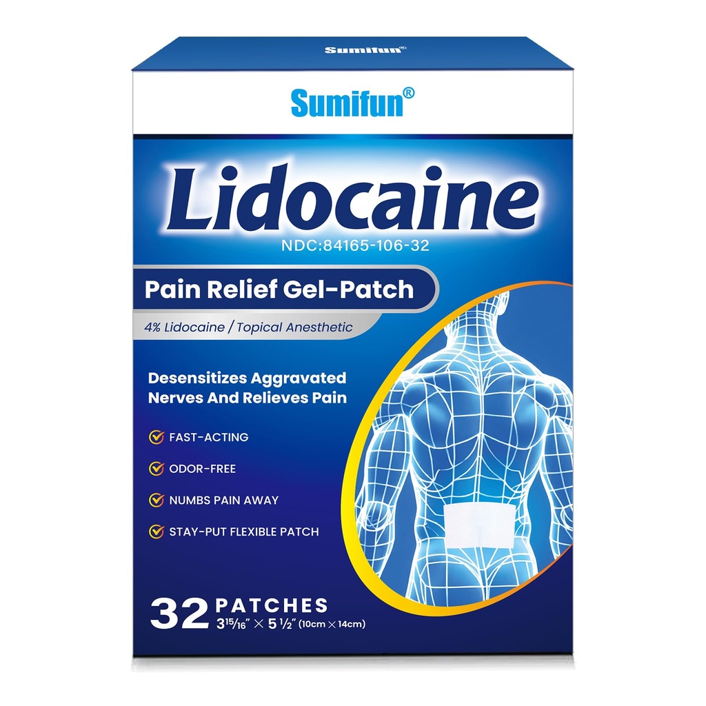 Sumifun 4% Lidocaine Pain Patches - Maximum OTC Strength Pain Relief for Lower Back Pain, Neck Sore, Joint Pain - Fast Acting & Long Lasting 8 Hours, 32 Counts